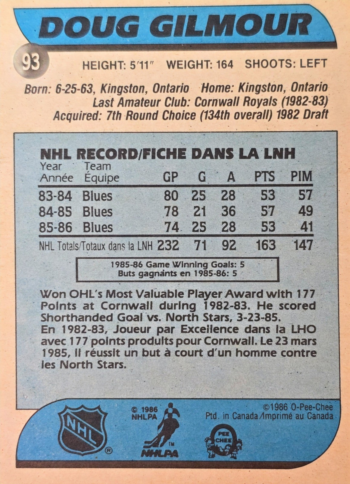 1986-87 O-Pee-Chee #93 Doug Gilmour EX+ Toronto Maple Leafs