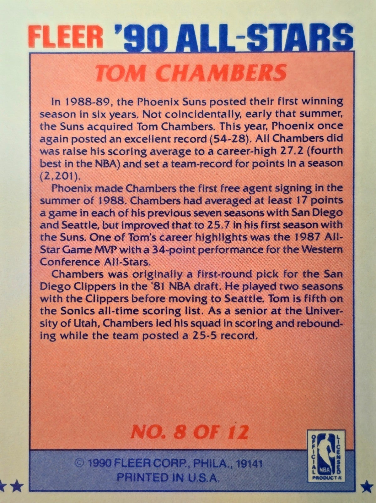1990-91 Fleer - All-Stars #8 Tom Chambers NM - Phoenix Suns