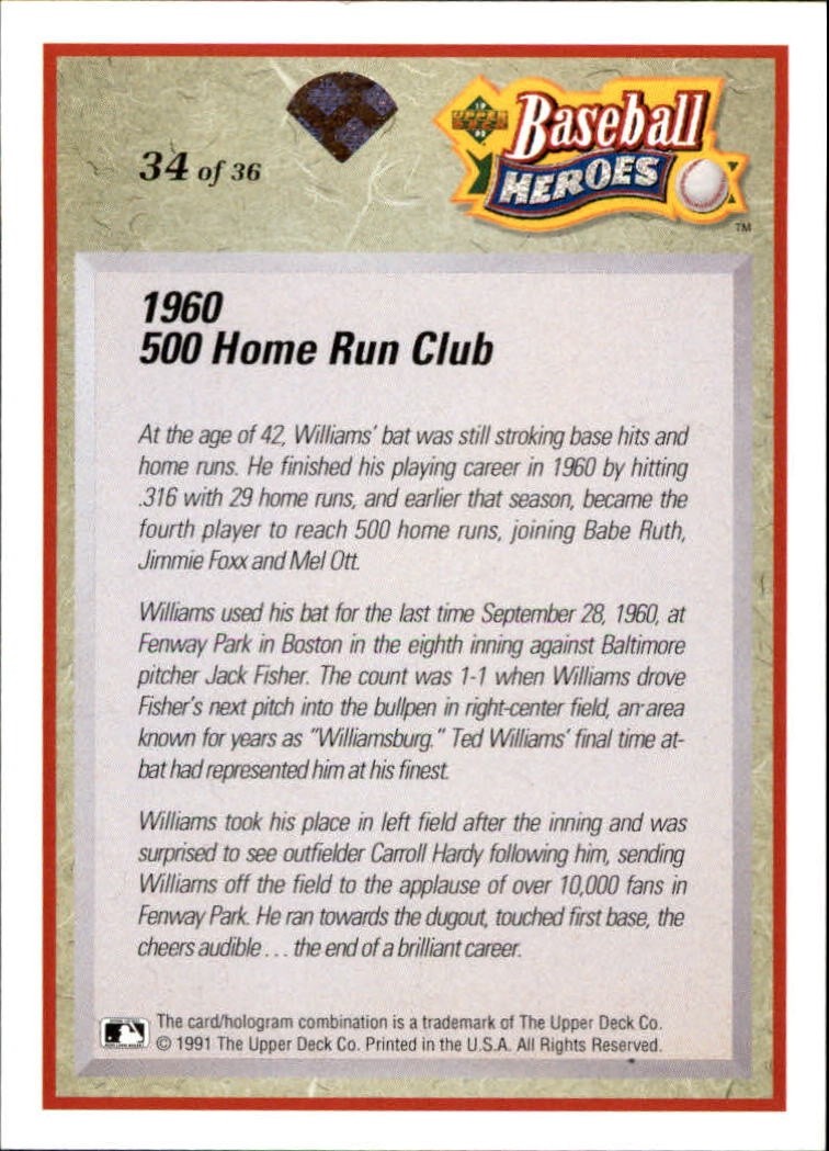 1992 Upper Deck - Baseball Heroes: Ted Williams #34 NM Boston Red Sox