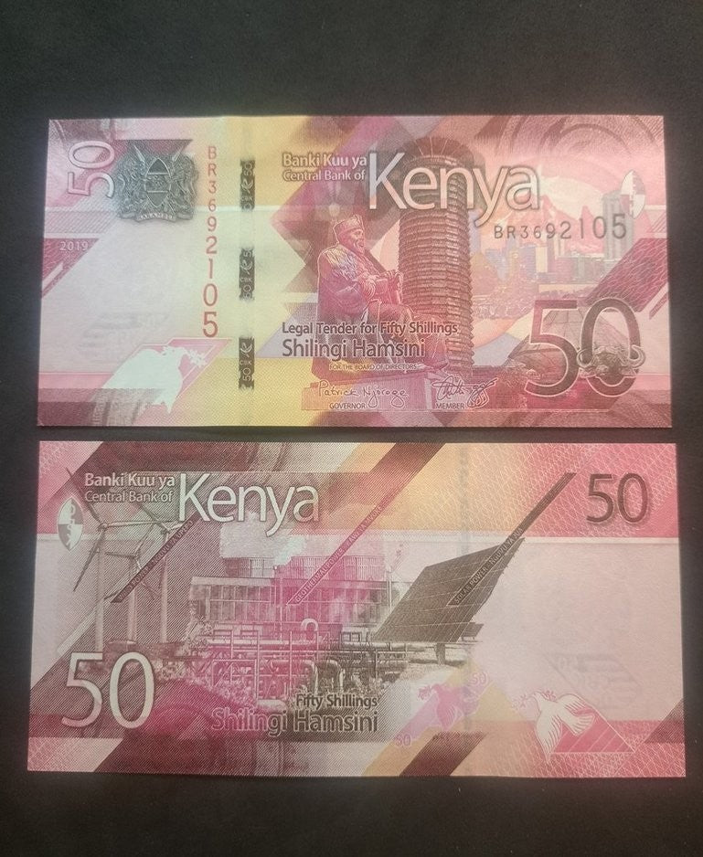 KENYA 50 Shillings; B-144a; UNC; 2019; featuring Solar Power and Wind Turbines