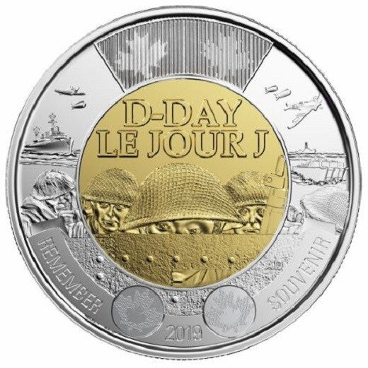 2019 CANADA; D-Day $2 Dollar Coin - NON-Colored Version; BU from roll
