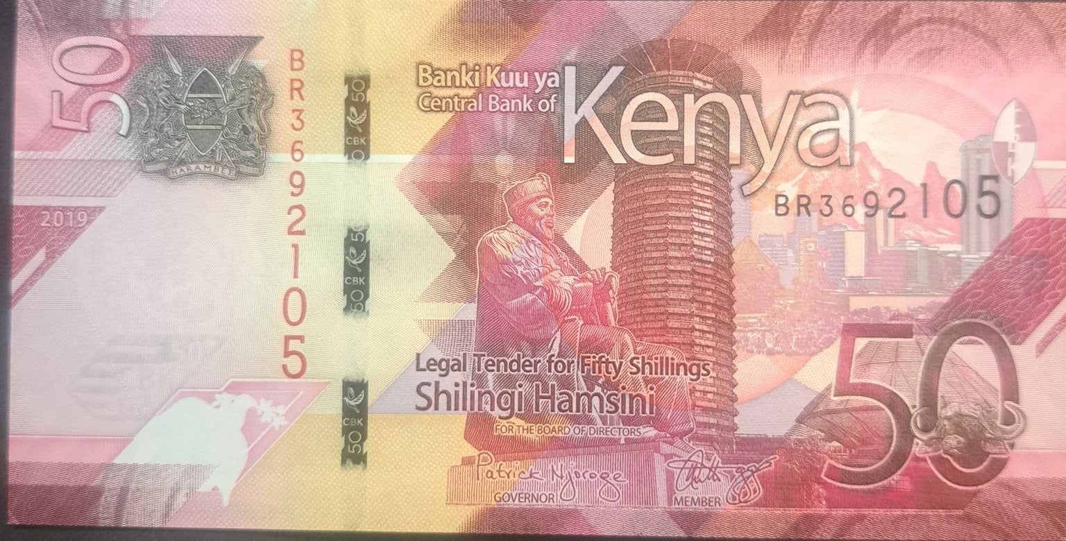 KENYA 50 Shillings; B-144a; UNC; 2019; featuring Solar Power and Wind Turbines
