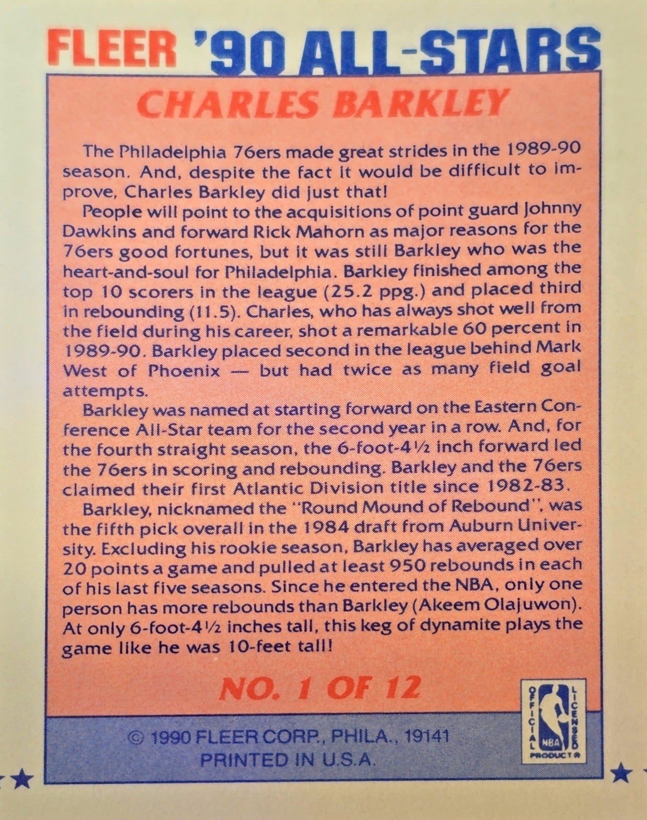 1990-91 Fleer - All-Stars #1 Charles Barkley NM - Philadelphia 76ers