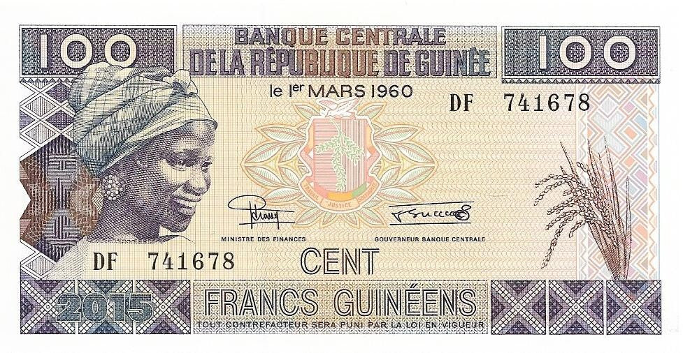 GUINEA 100 Francs; P-A47; 2015; features Banana Harvesting and Young Woman