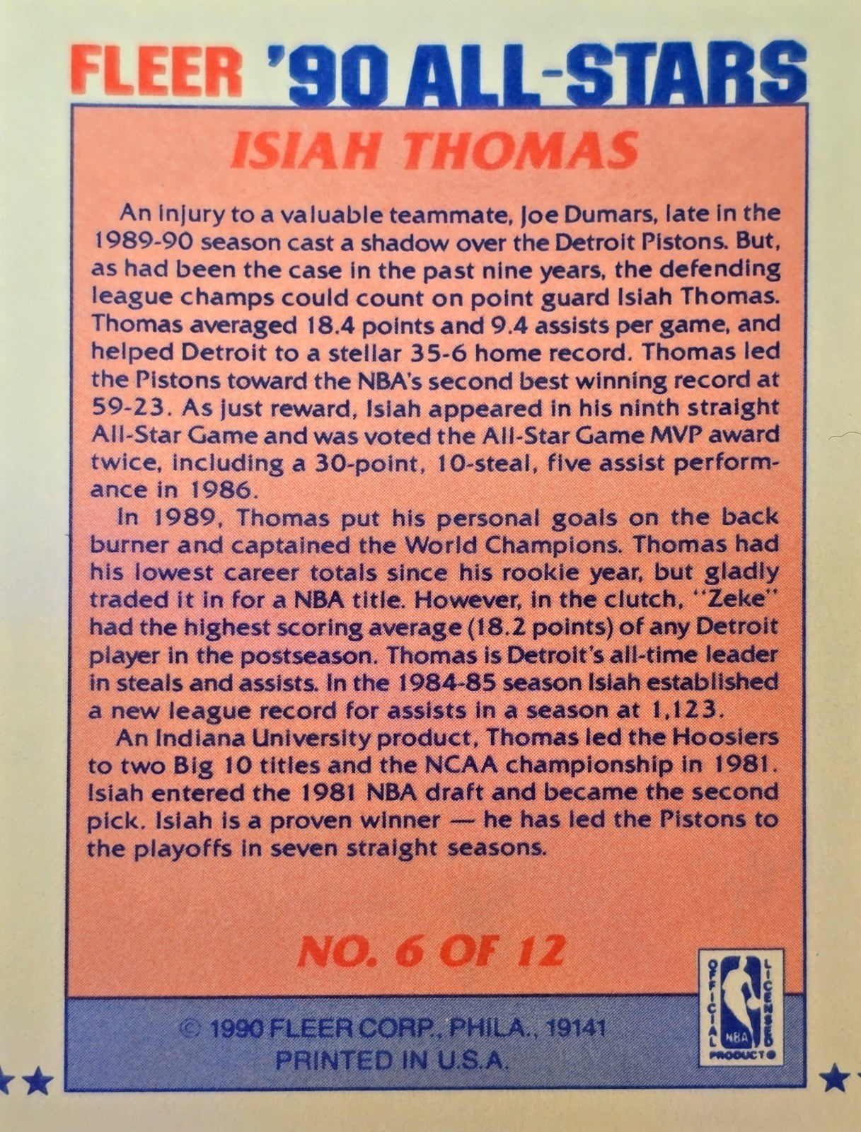 1990-91 Fleer - All-Stars #6 Isiah Thomas NM - Detroit Pistons