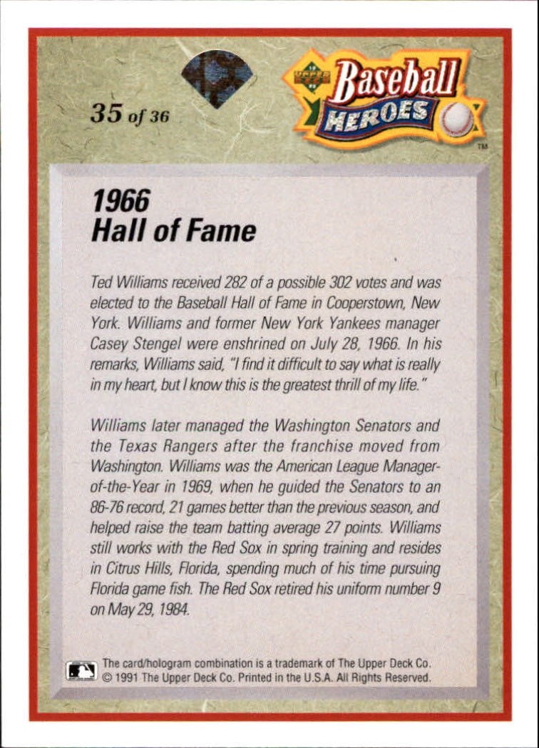 1992 Upper Deck - Baseball Heroes: Ted Williams #35 NM Boston Red Sox