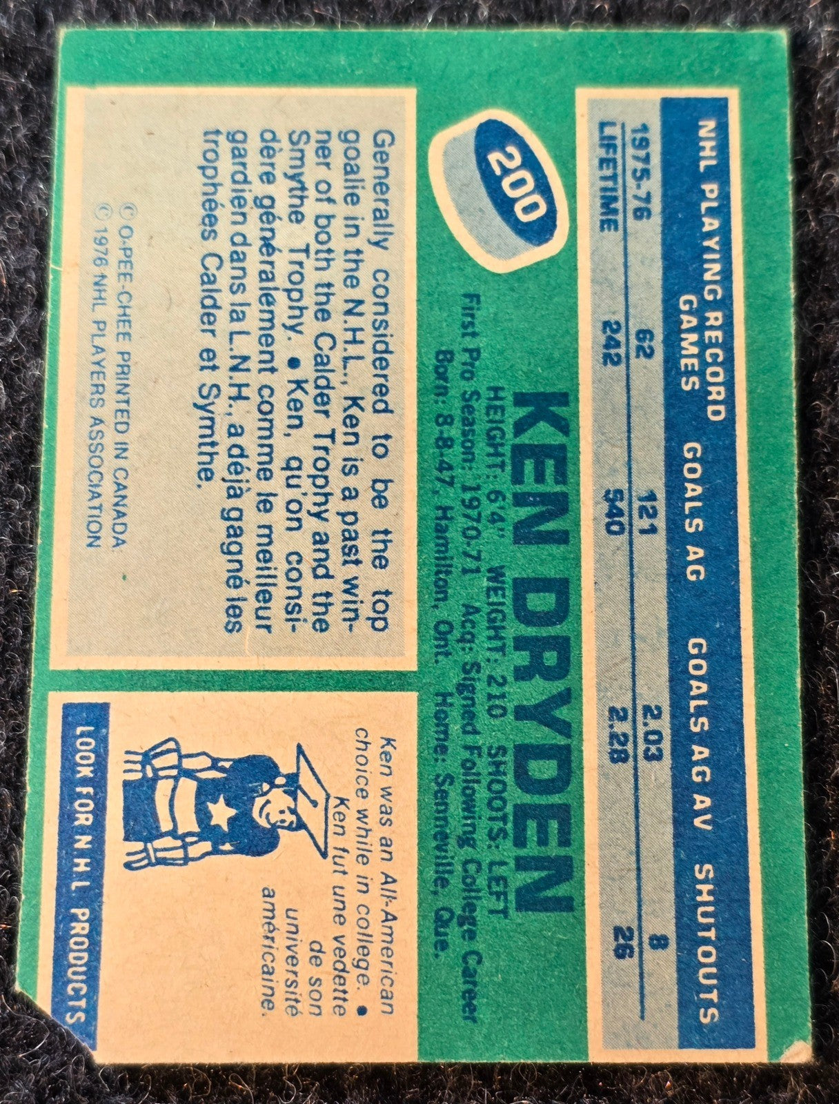 1976-77 O-Pee-Chee #200 Ken Dryden (EX+ with Corner Cut) Montreal Canadiens