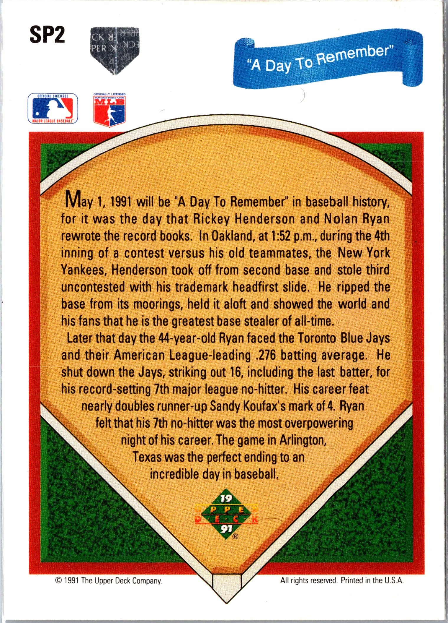 1991 Upper Deck #SP2 Nolan Ryan / Rickey Henderson
