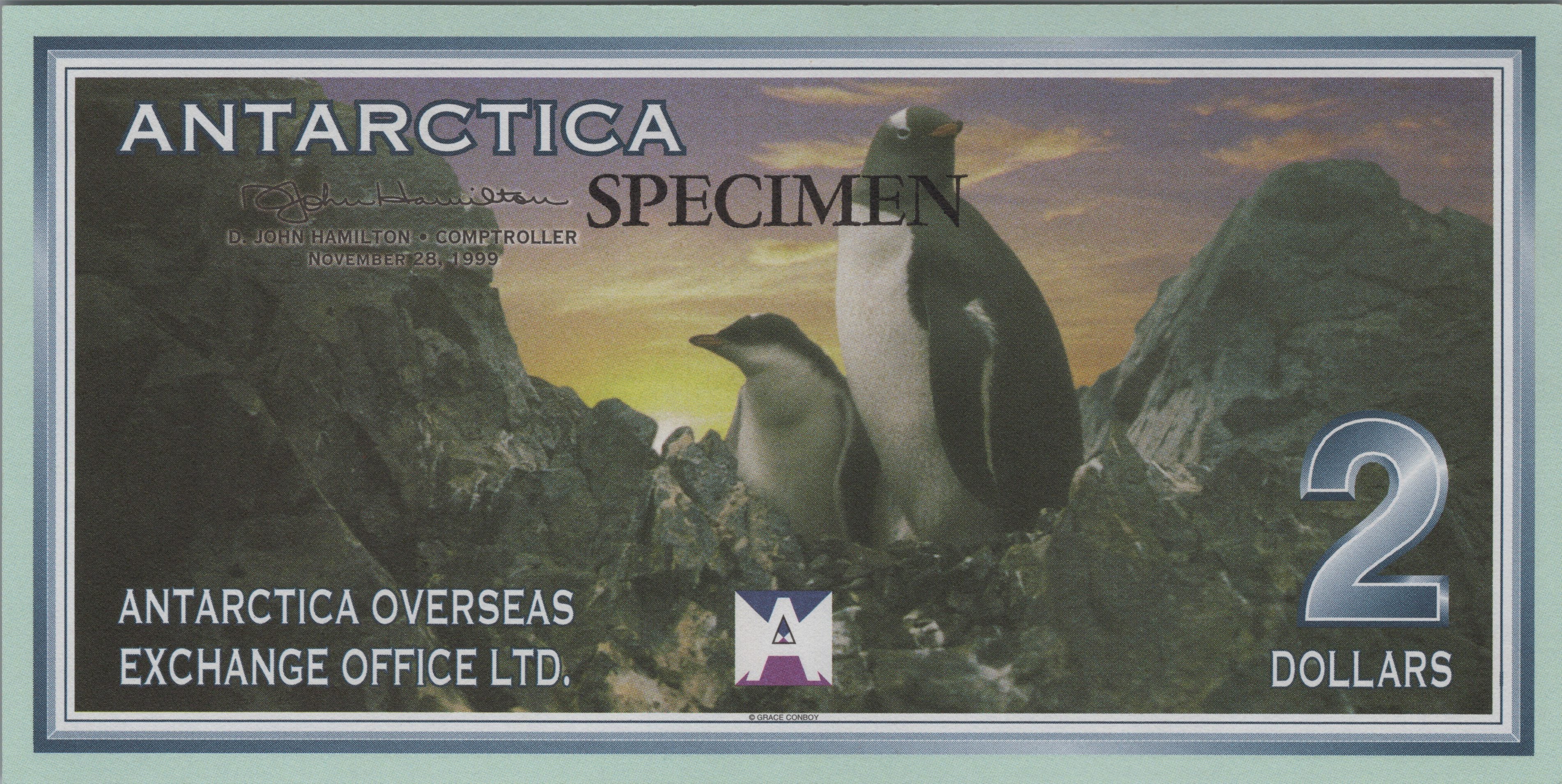 ANTARCTICA $2 SPECIMEN, 1999 Issue, Series L, feature Plane Tragedy and PENGUINS