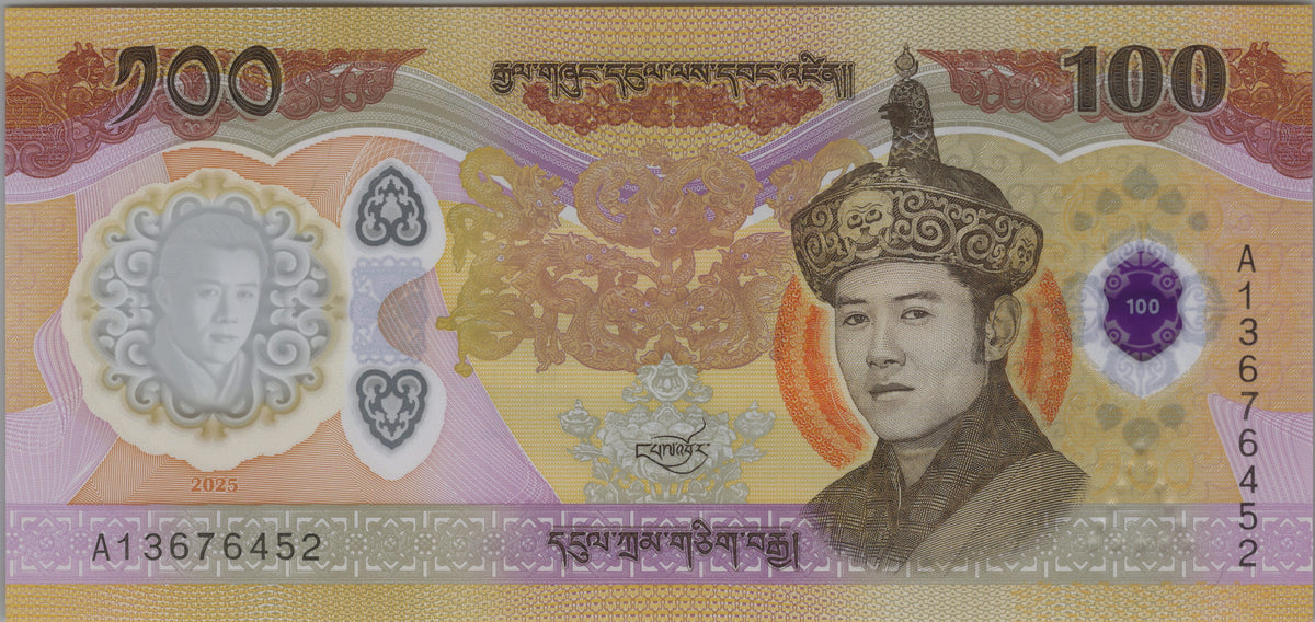 Bhutan 100 Ngultrum, B225a, 2025 (2026), UNCIRCULATED; features Tashichho Dzong, Polymer