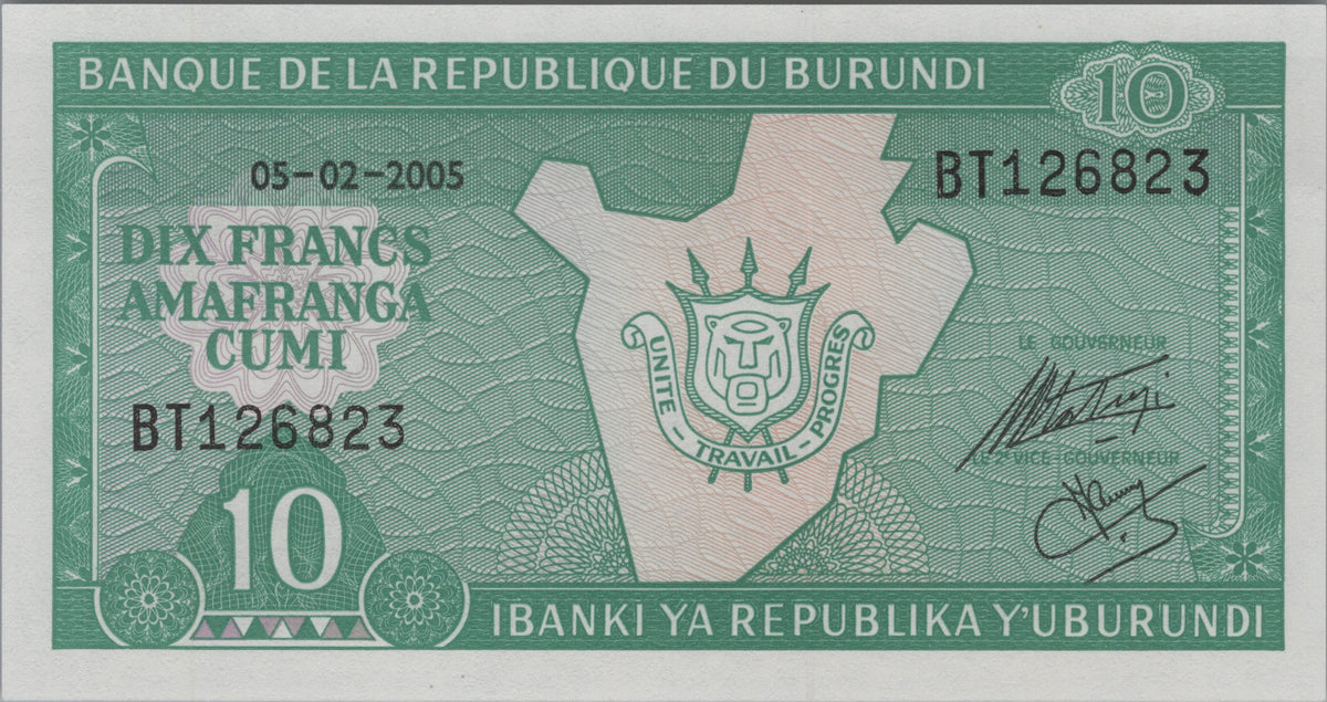 Burundi 10 Francs, P33e, Uncirculated, 2005; features the Map and Coat of Arms of Burundi