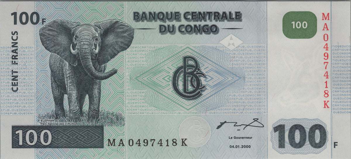 Congo 100 Francs, P92a, Uncirculated, 2000; features an Elephant