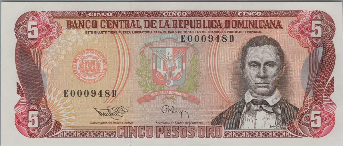 Dominican Republic 5 Pesos Oro, P143, 1993, UNCIRCULATED; Low Serial Number