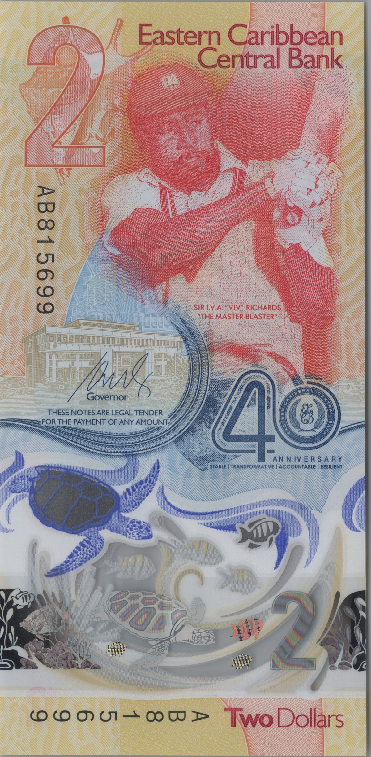 Eastern Caribbean 2 Dollars, B245a, Uncirculated, 2023; features a Sea Turtle