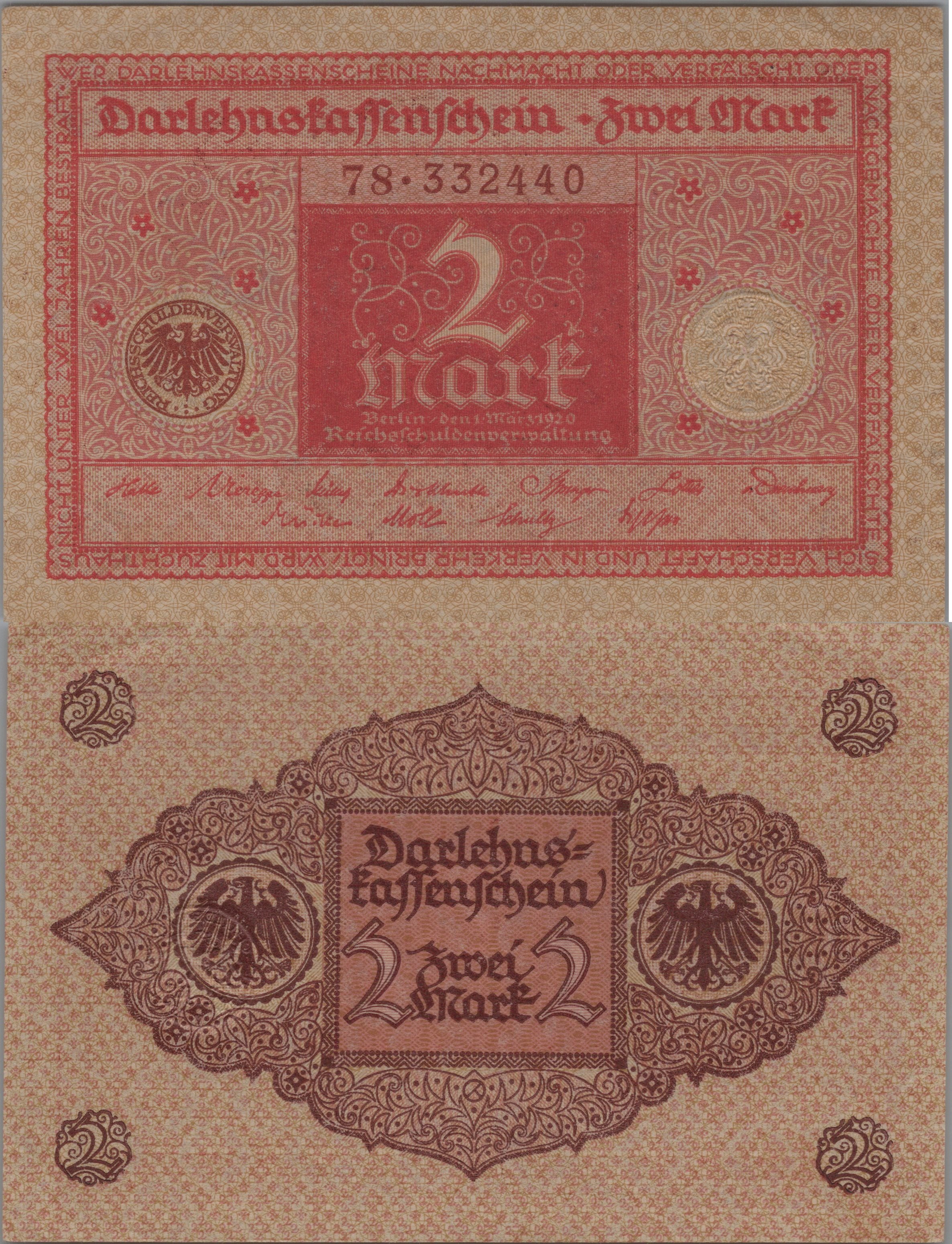 GERMANY 2 Marks, 1920, P-59; about UNCIRCULATED, Over 100 years old