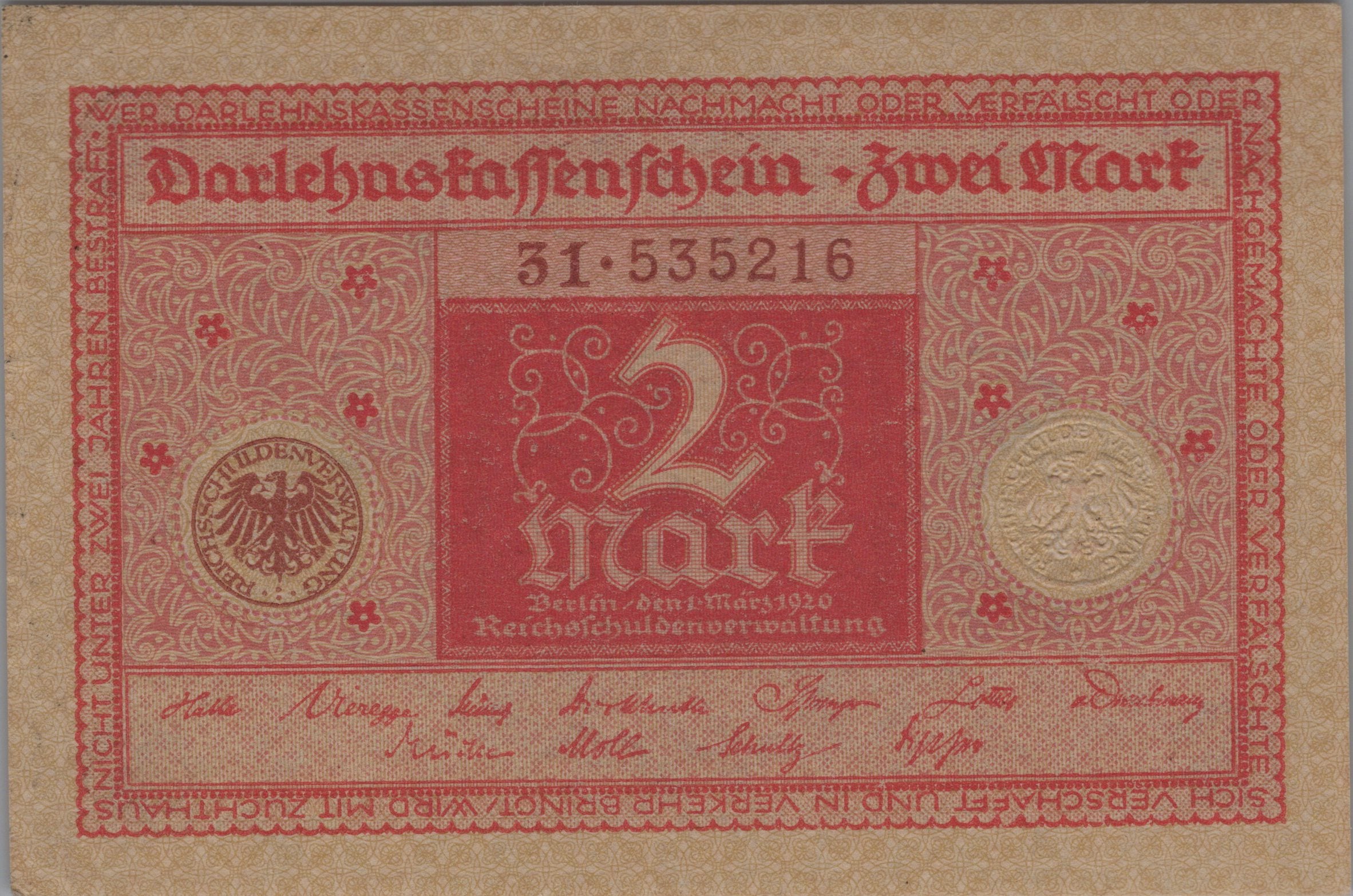 GERMANY 2 Marks, 1920, P-59; about UNCIRCULATED, Over 100 years old