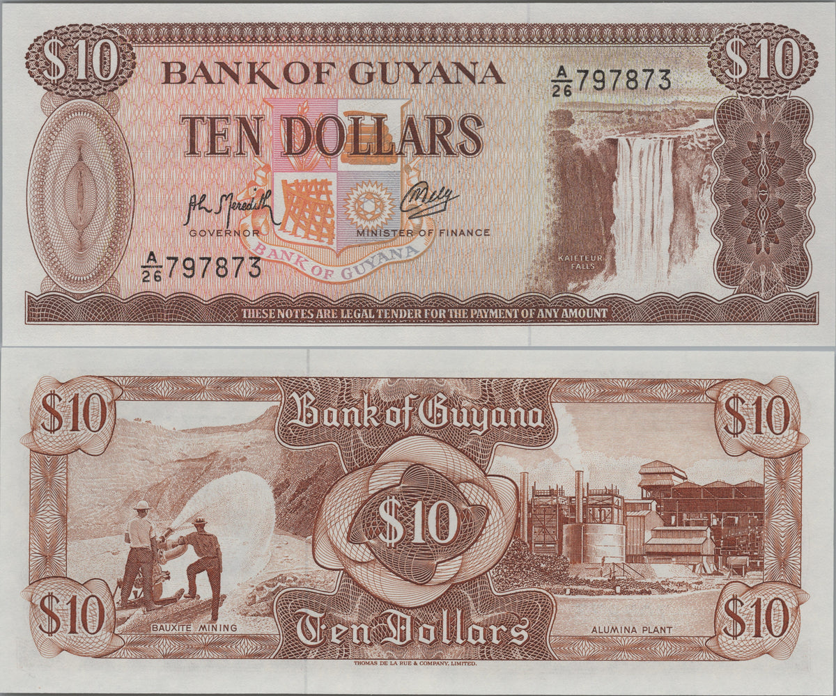 Guyana 10 Dollars, P23, UNCIRCULATED, 1992; features the Kaieteur Waterfalls