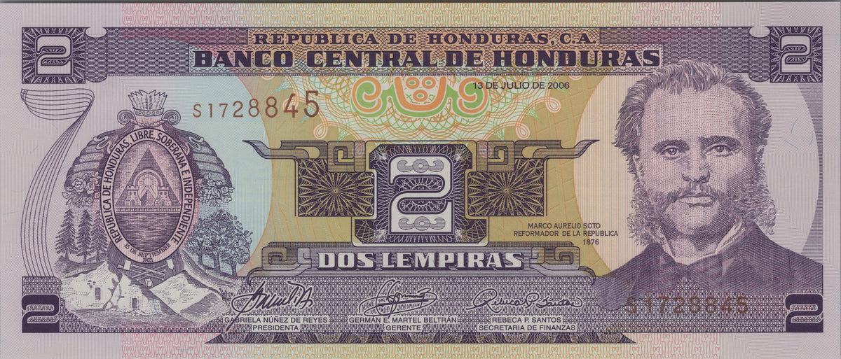 Honduras 2 Lempiras, P80Af, 2006, UNCIRCULATED; features Tiger Island and Amapala