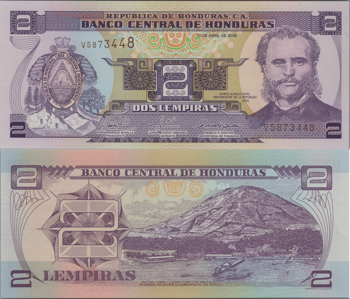 Honduras 2 Lempiras, P80Ag, 2008, UNCIRCULATED; features Tiger Island and Amapala