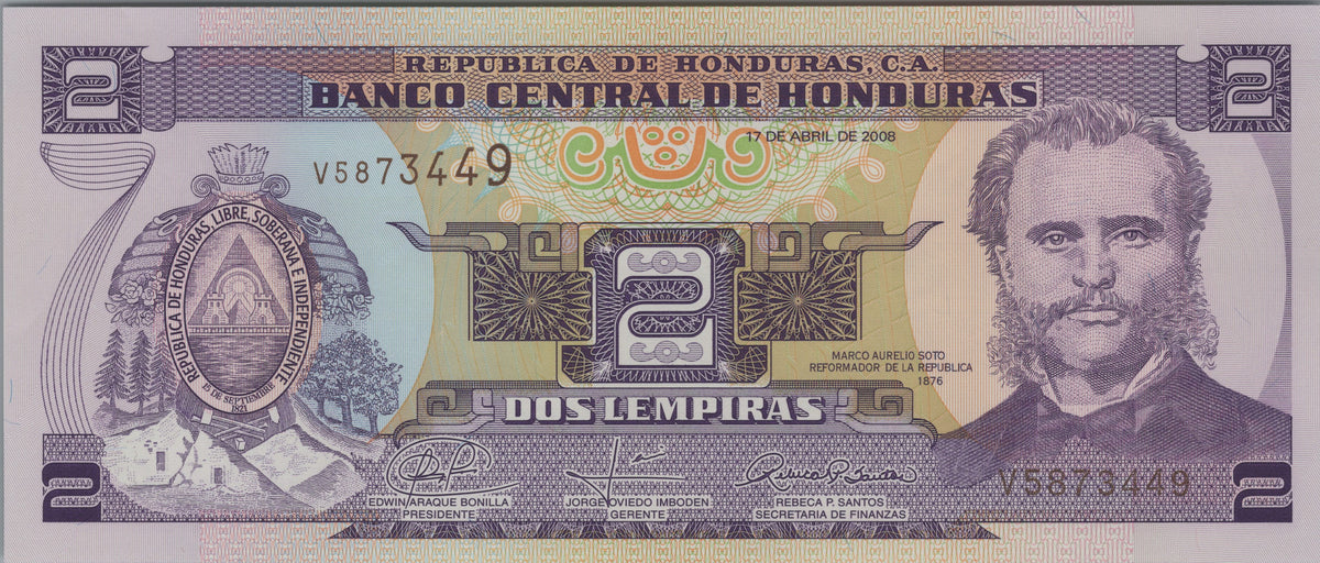 Honduras 2 Lempiras, P80Ag, 2008, UNCIRCULATED; features Tiger Island and Amapala