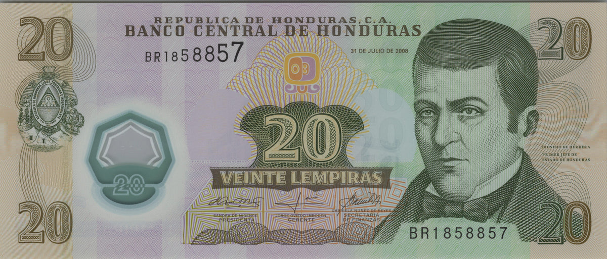 Honduras 20 Lempiras, P95, 2008, UNCIRCULATED; features Presidential Palace, Polymer
