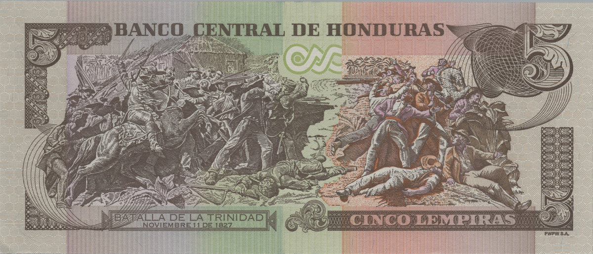 Honduras 5 Lempiras, P98c, 2016, UNCIRCULATED; features Battle of Trinidad
