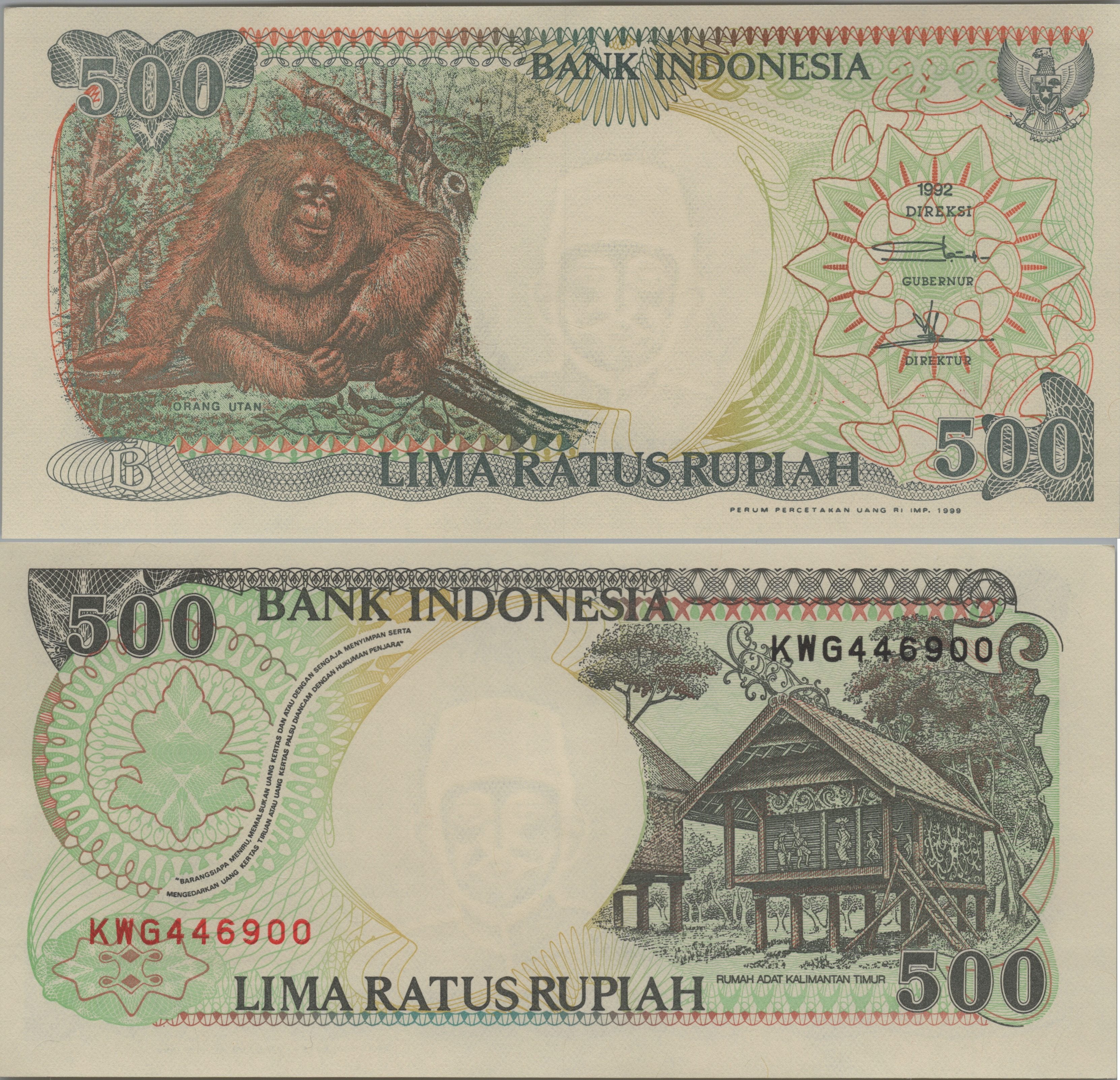 INDONESIA 500 Rupiah, P- 128h; UNCIRCULATED, 1999; features an Orangutan; Native Huts at back
