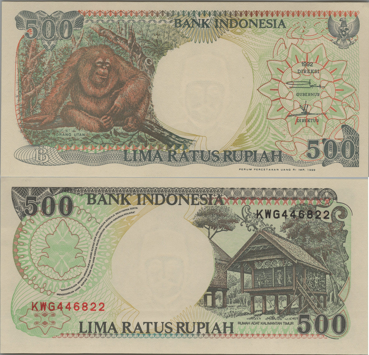 INDONESIA 500 Rupiah, P128h; UNCIRCULATED, 1999; features an Orangutan; Native Huts