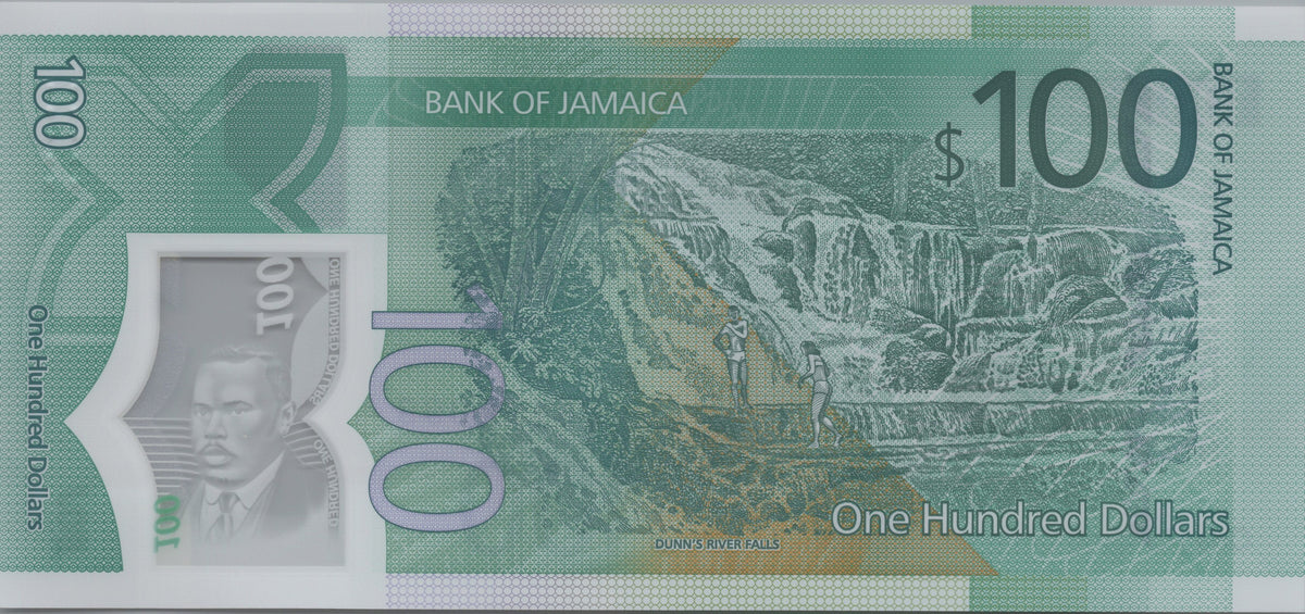 Jamaica 100 Dollars, B252a, 2022, UNCIRCULATED; features Dunn's River Falls, Polymer