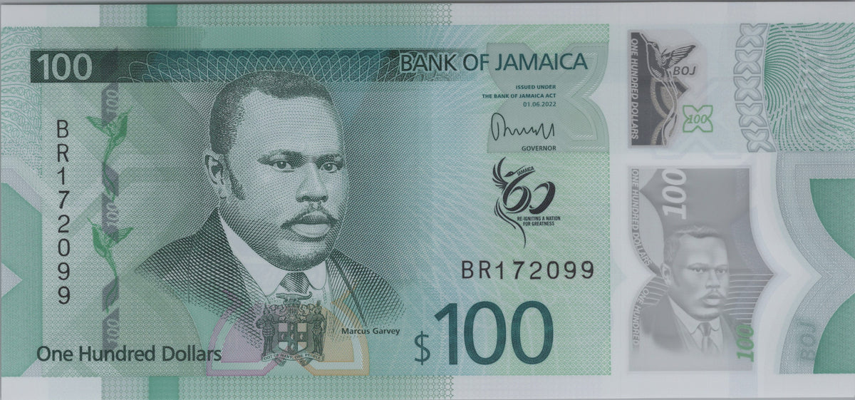 Jamaica 100 Dollars, B252a, 2022, UNCIRCULATED; features Dunn's River Falls, Polymer