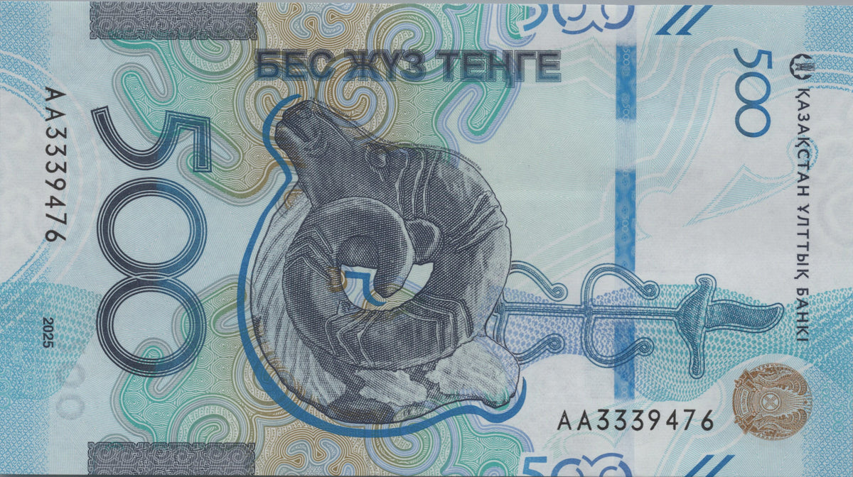 Kazakhstan 500 Tenge, B155a, 2025, UNCIRCULATED; features a Transcaspian Urial