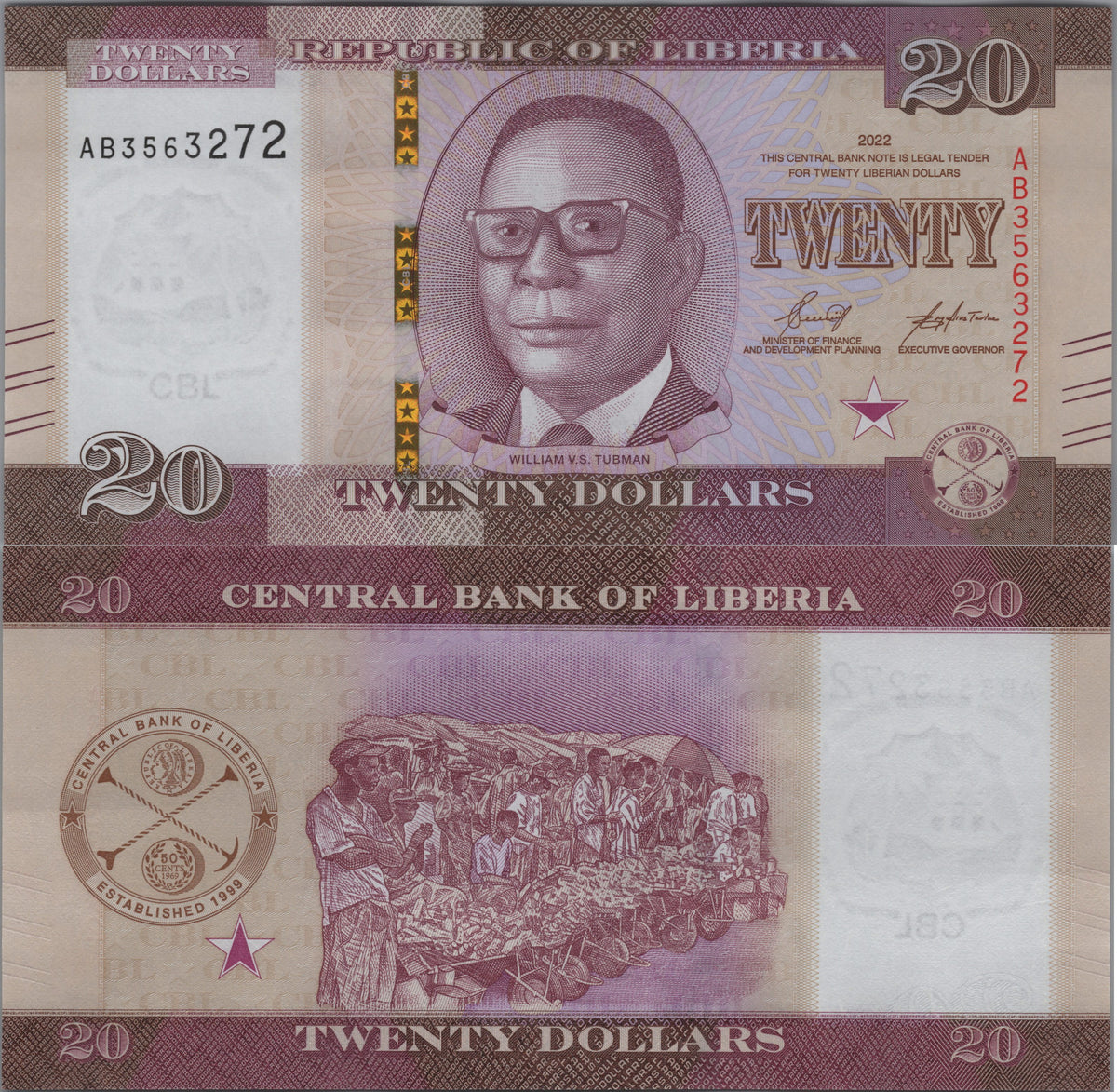 Liberia 20 Dollars, B317a, Uncirculated, 2022; features William V.S. Tubman