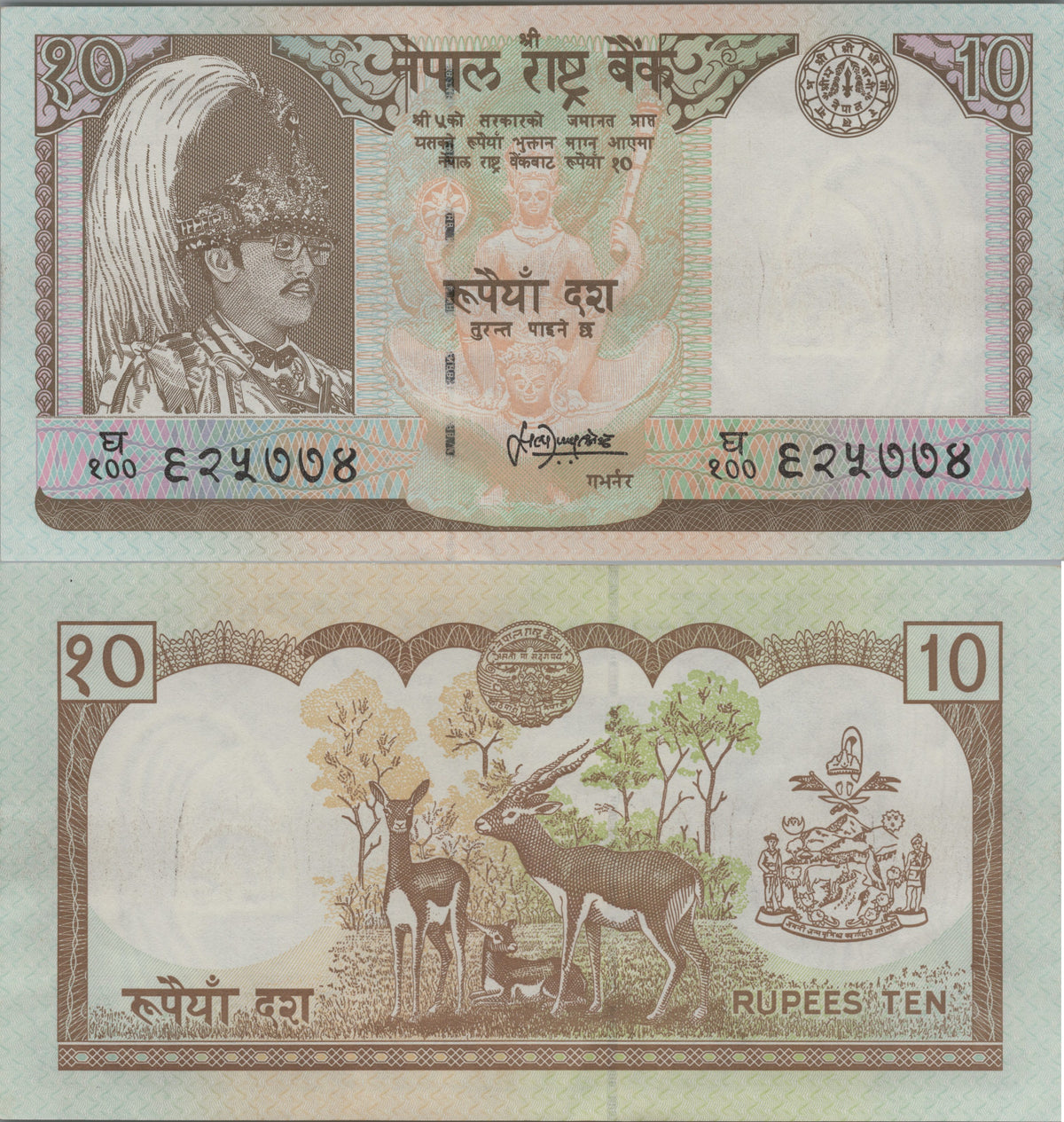 Nepal 10 Rupees, P31b, ND (1993), UNCIRCULATED; features Blackbucks