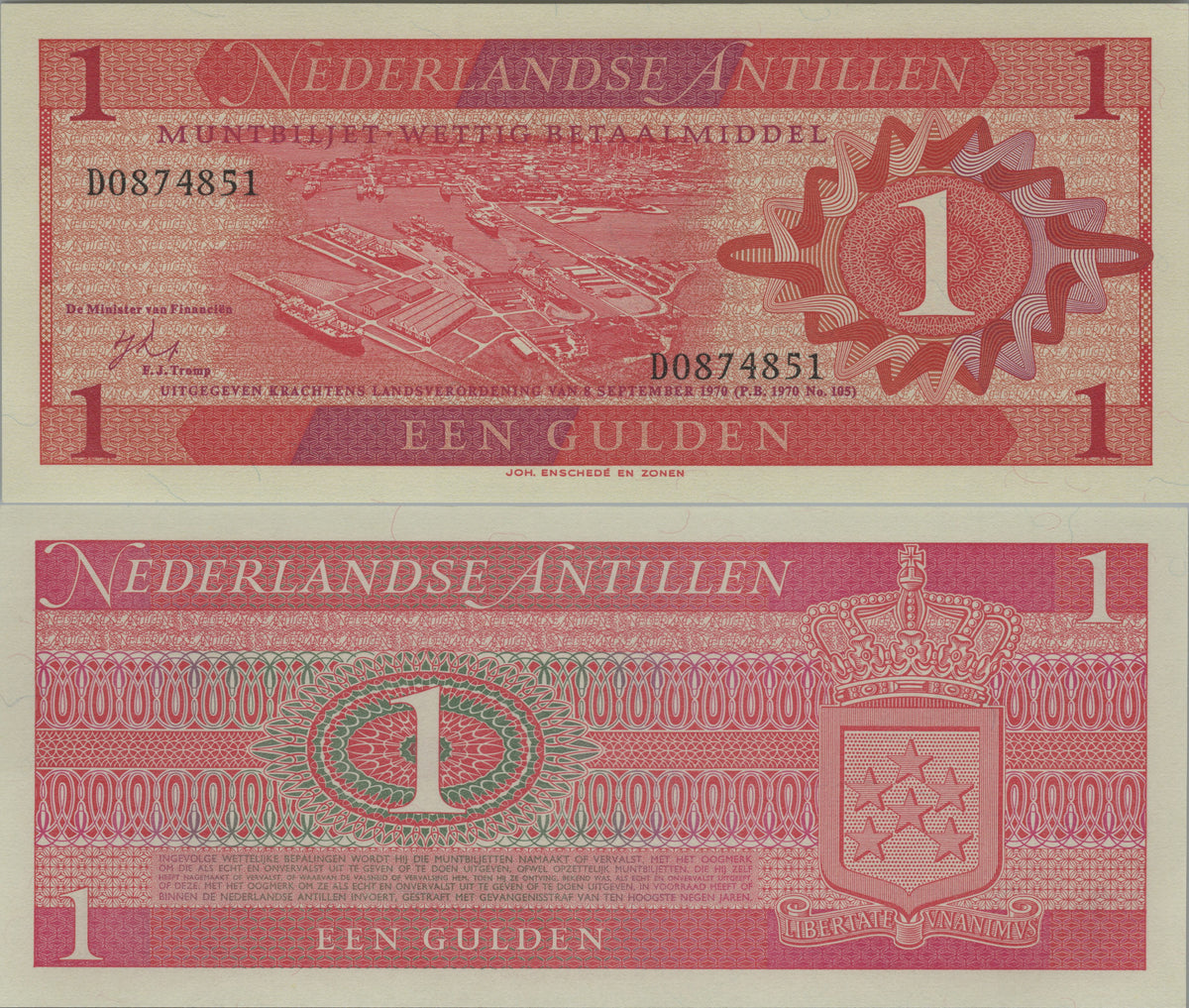 Netherlands Antilles 1 Gulden, P20, 1970, UNCIRCULATED; features Curaçao Harbour