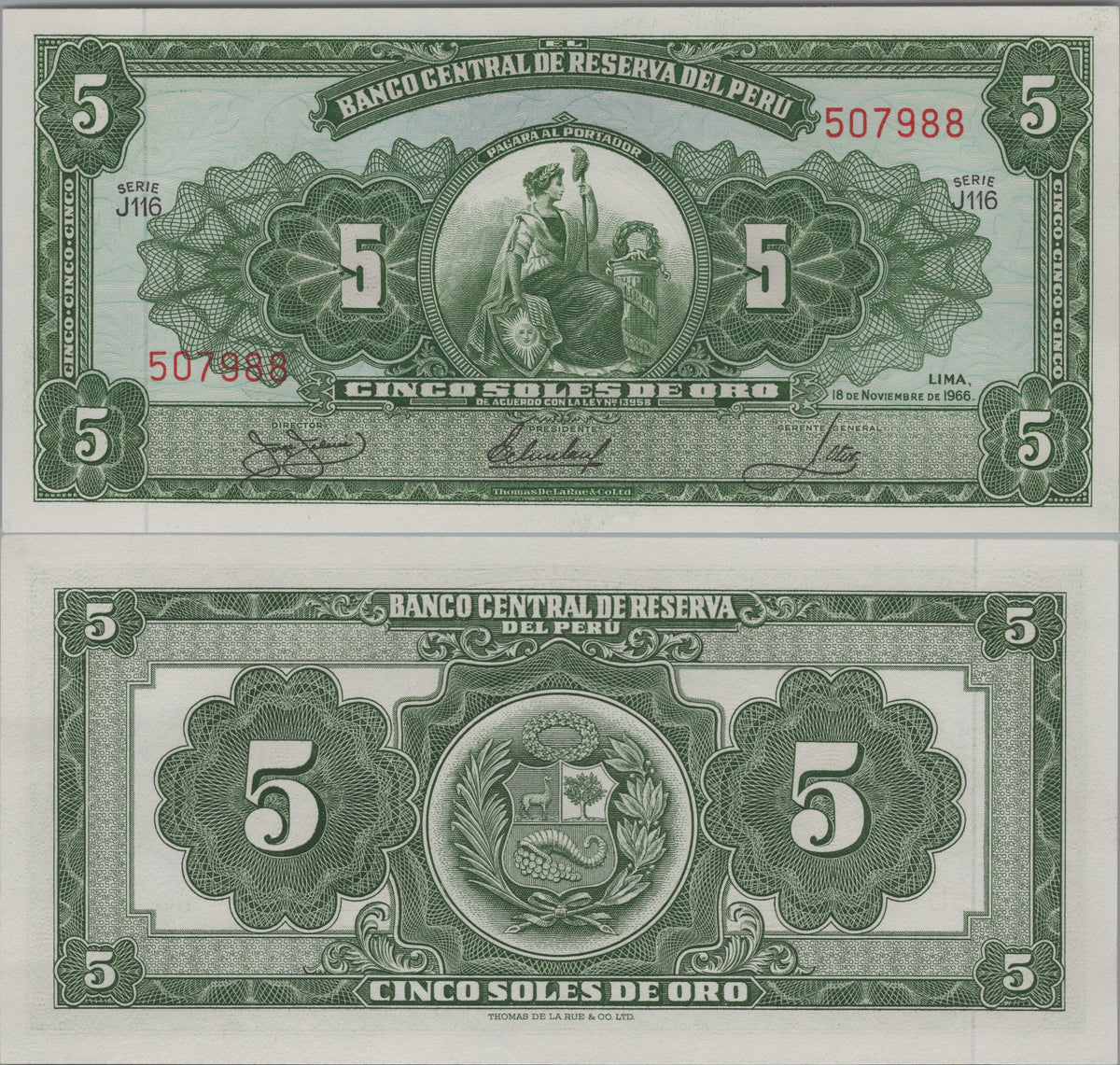 PERU 5 Soles de Oro P83 UNC 1966; features Liberty