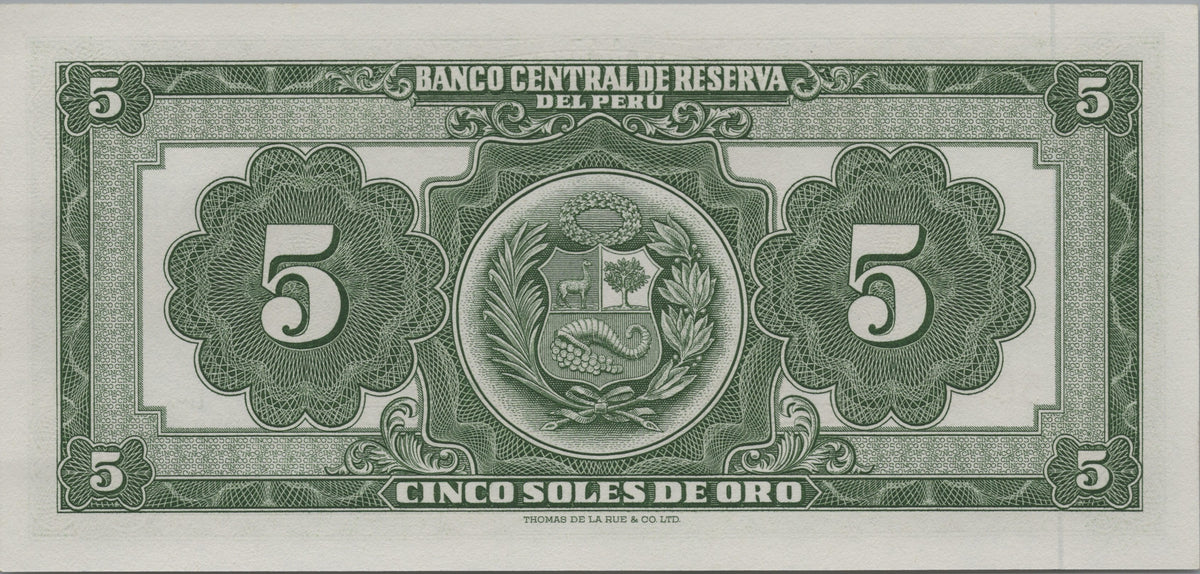 PERU 5 Soles de Oro P83 UNC 1966; features Liberty