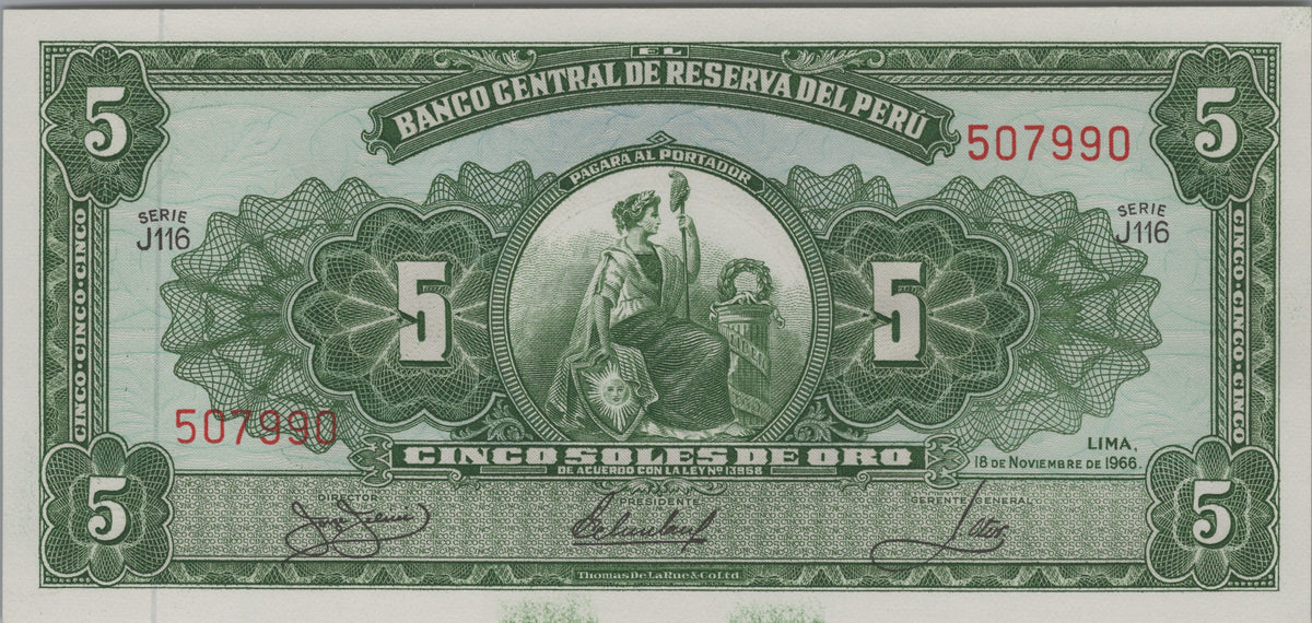 PERU 5 Soles de Oro P83 UNC 1966; features Liberty