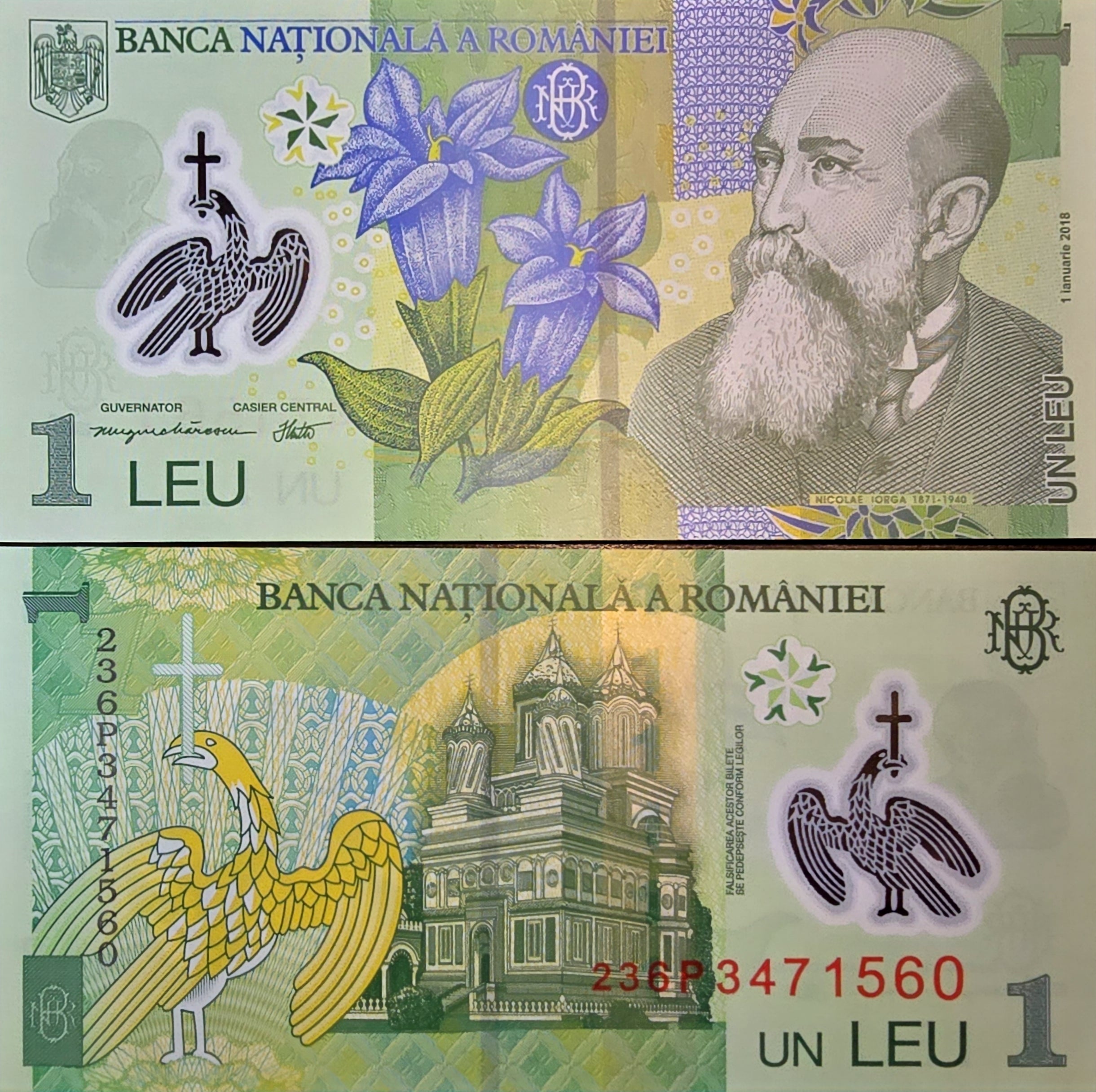 ROMANIA 1 Leu, B286e, UNCIRCULATED, 2018; Nicolae Iorga and a Cathedral