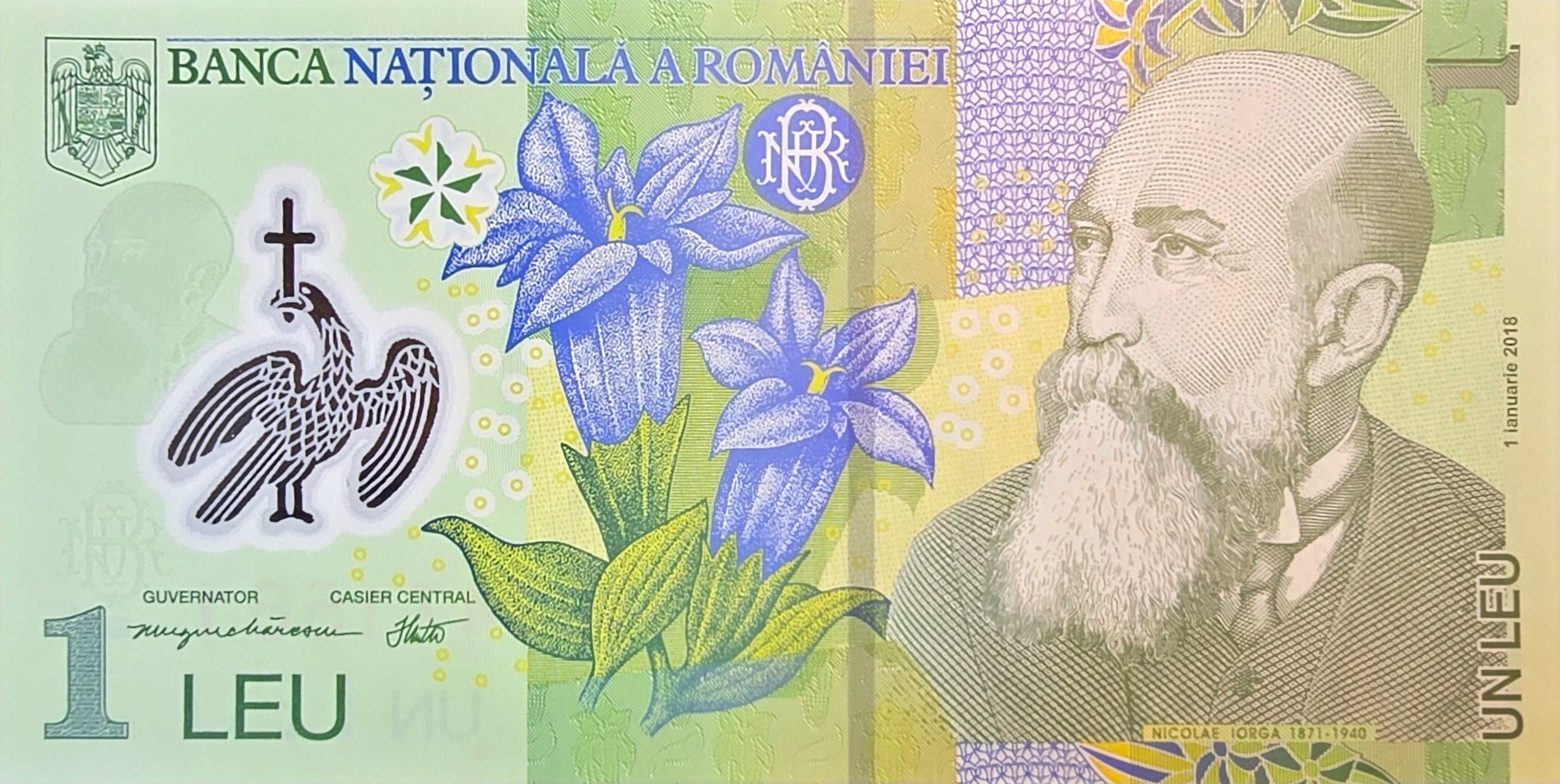 ROMANIA 1 Leu, B286e, UNCIRCULATED, 2018; Nicolae Iorga and a Cathedral