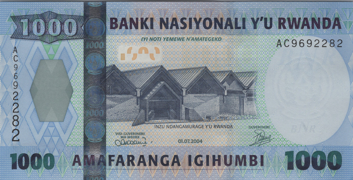 Rwanda 1000 Francs, P31, 2004, UNCIRCULATED; features a Golden Monkey