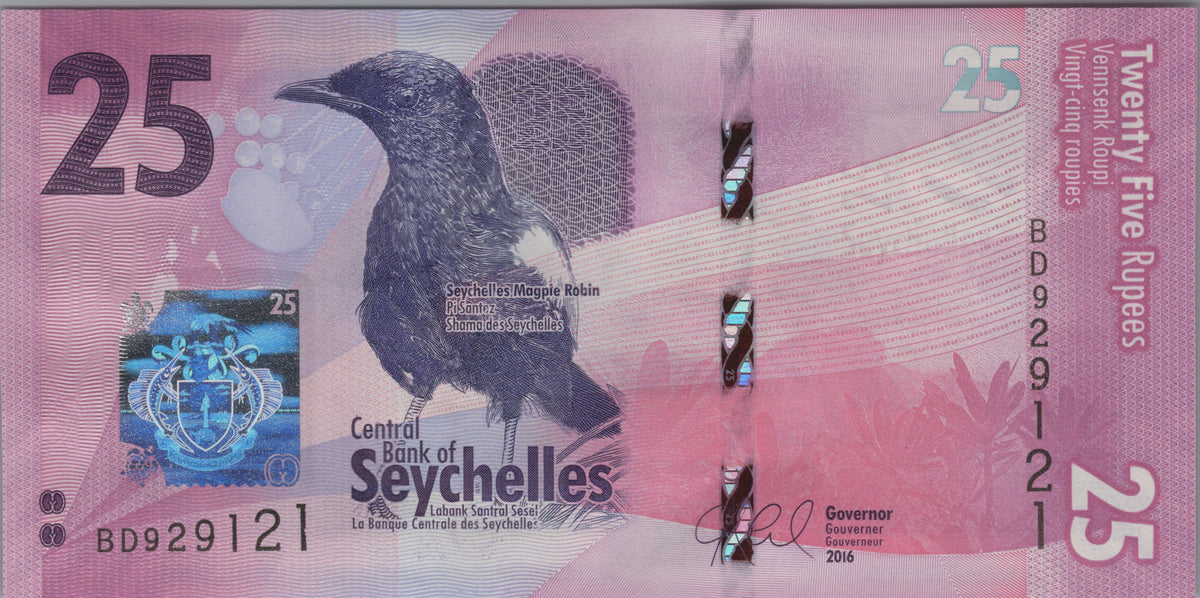 Seychelles 25 Rupees, P48, Uncirculated, 2016; features a Seychelles Magpie Robin and Blue Pigeon