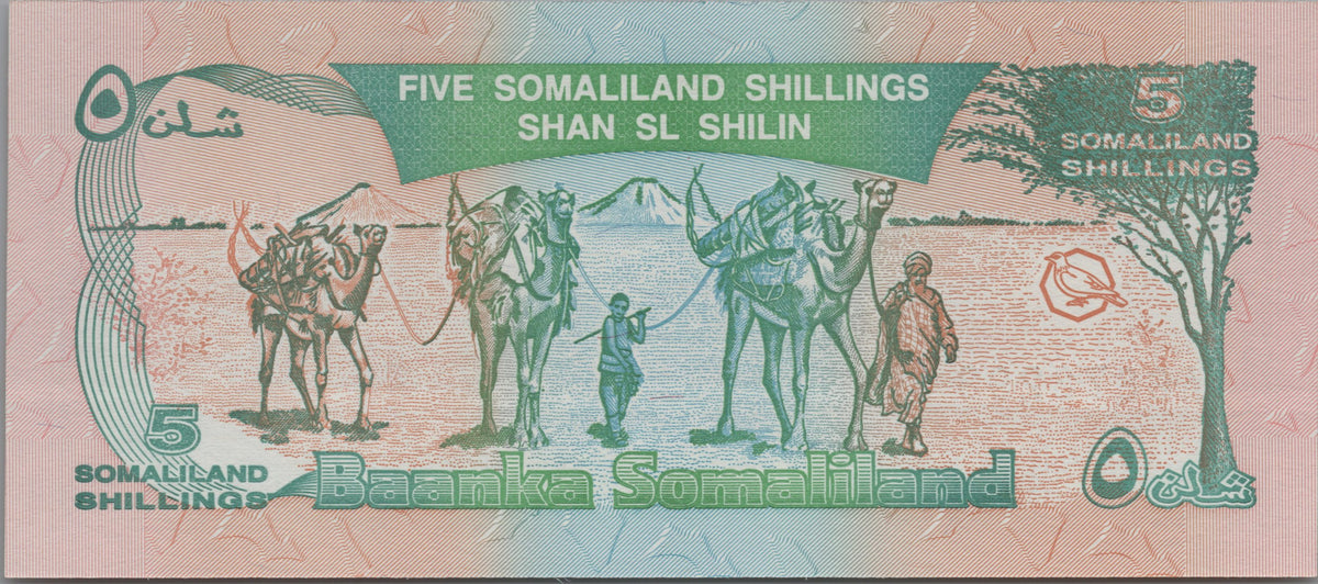 SOMALILAND 5 Shillings, P1a, UNCIRCULATED, 1994; Featuring a Camel and Kadu; Countries first issued note