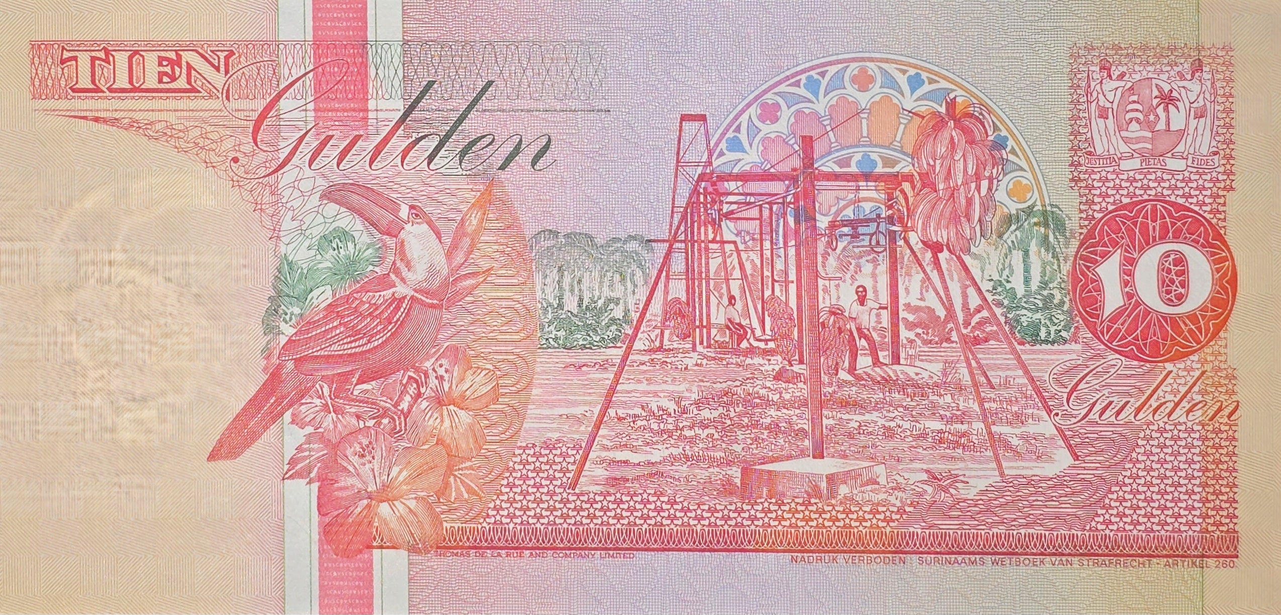SURINAME 10 Gulden, P137a, UNCIRCULATED, 1991; features a Toucan