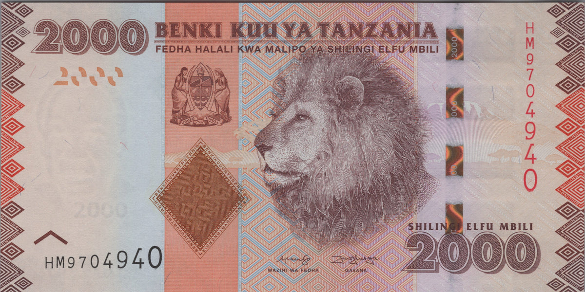 Tanzania 2000 Shillings, B141c, Uncirculated, 2020; features a Lion