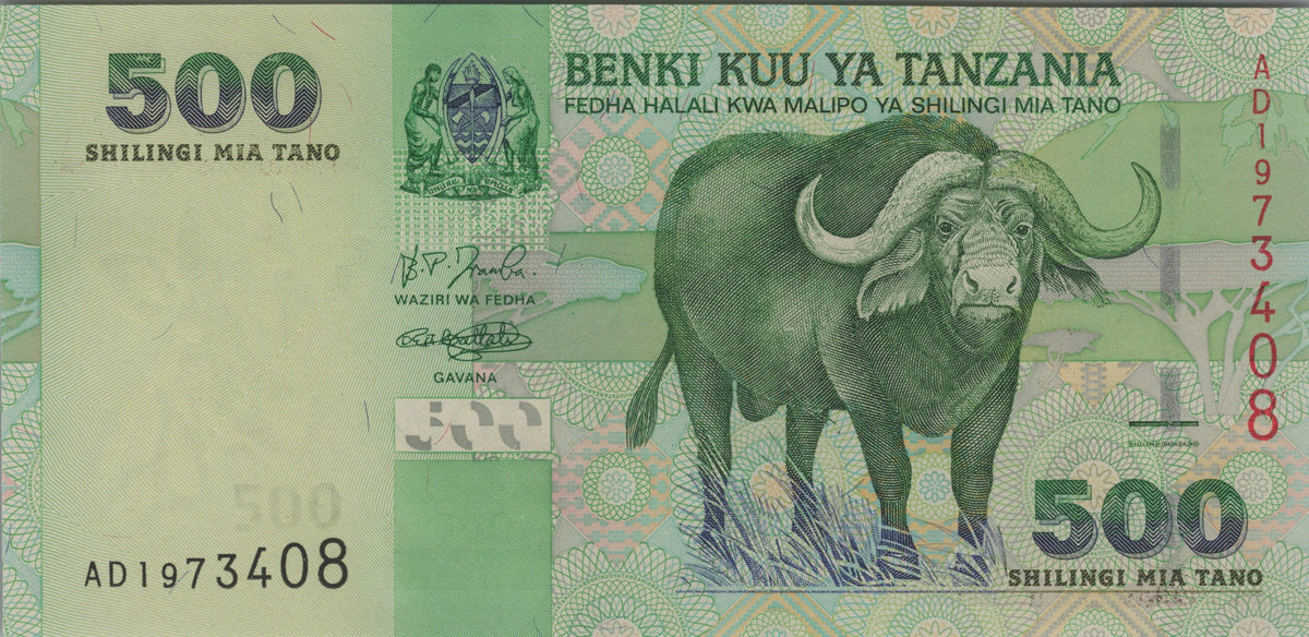 Tanzania 500 Shillings, P35, 2003, UNCIRCULATED; features a Cape Buffalo