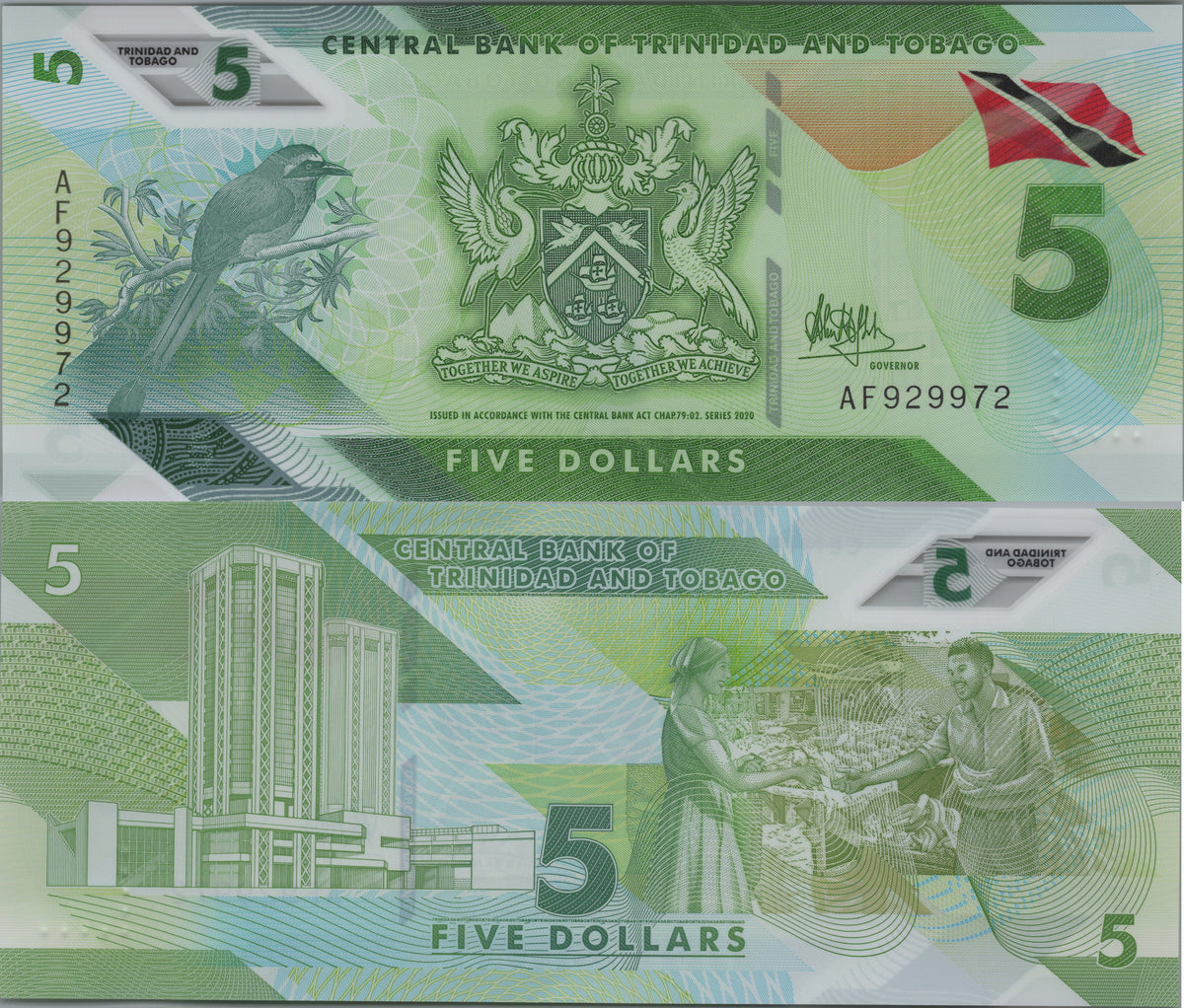 Trinidad and Tobago 5 Dollars, B237a, 2020, UNCIRCULATED; features a Motmot