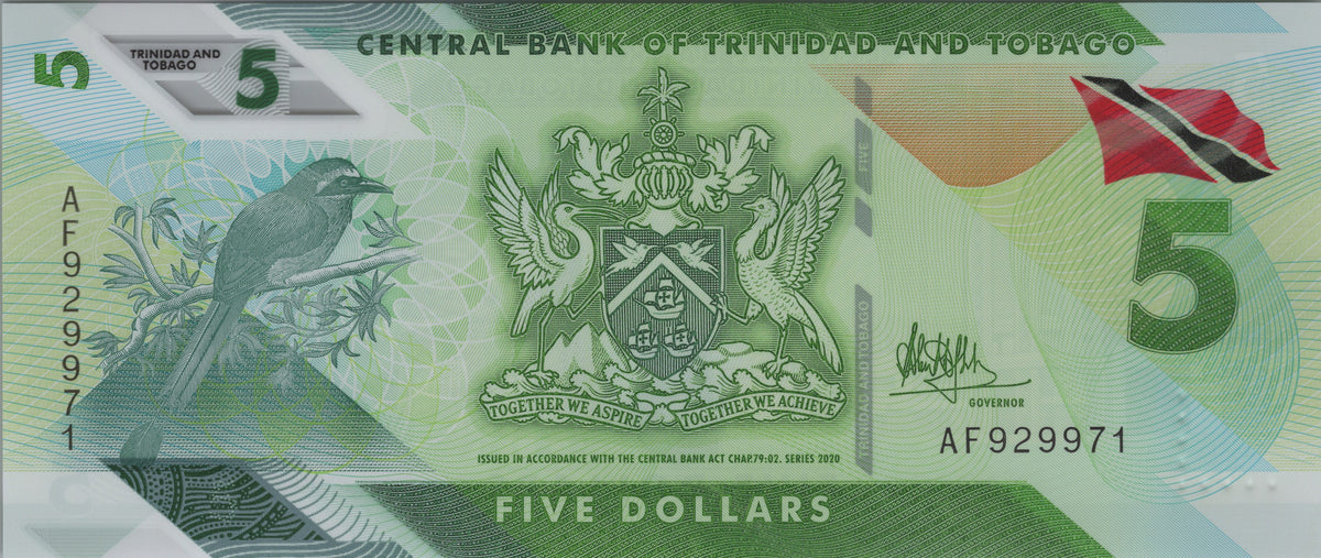 Trinidad and Tobago 5 Dollars, B237a, 2020, UNCIRCULATED; features a Motmot