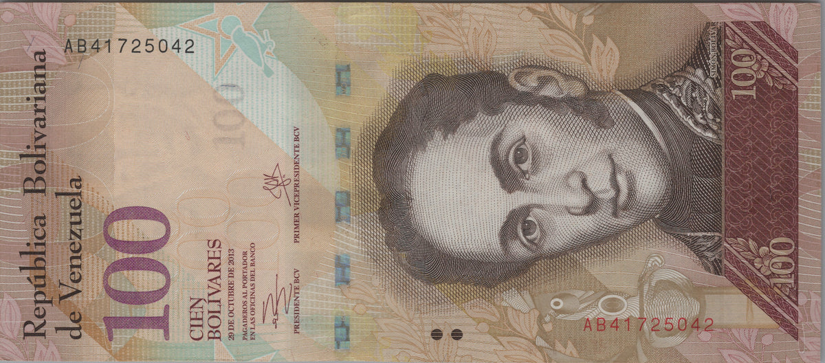 Venezuela 100 Bolivares Fuertes, P93g, 2013, About Uncirculated (AU); features a Black-hooded Red Siskin