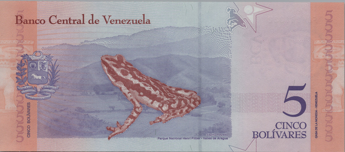 Venezuela 5 Bolivares Soberanos, B372a, 2018, Uncirculated; features a Venezuelan Troupial