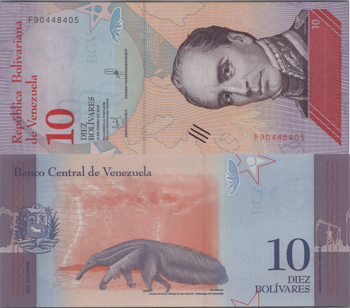 Venezuela 10 Bolivares Soberanos, B373a, 2018, Uncirculated; features a Giant Anteater
